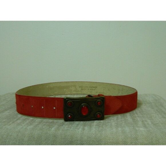 Vintage 80s Belt Red Suede Leather Metal Stones Buckle Western Belt M/L‎  37\